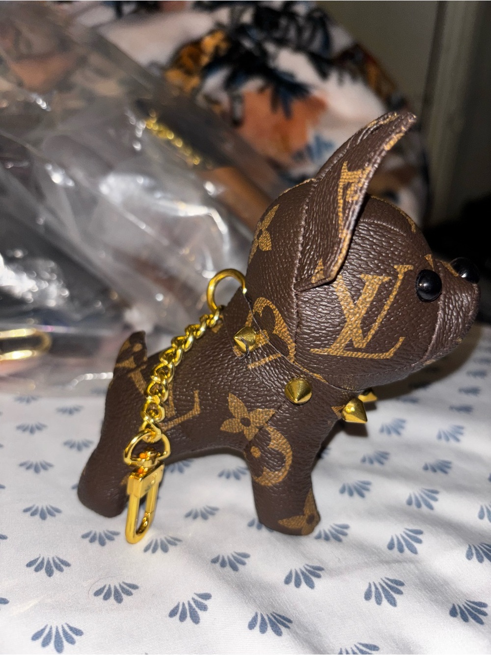 New Brown Monogram Dog Key Charm with Gold Studs - Picture 2 of 5